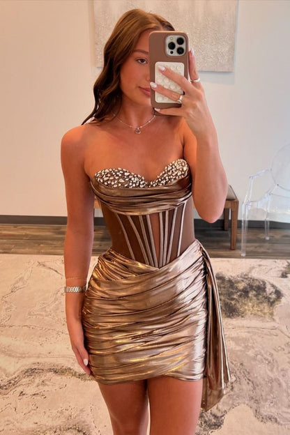 Strapless Rhinestone Corset Metallic Ruched Mini Dress