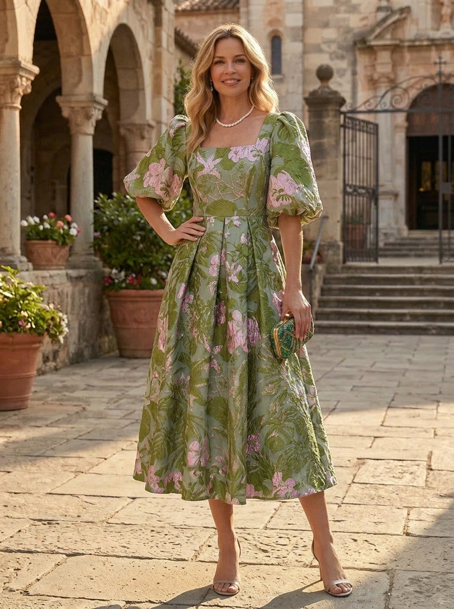 Elegant Pleated A-Line Tea-Length Dress with Puff Sleeves