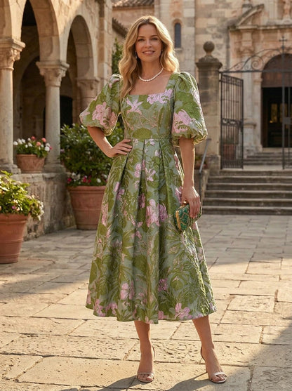 Elegant Pleated A-Line Tea-Length Dress with Puff Sleeves