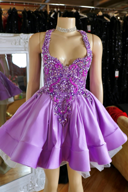 Crystal Beaded Halter Mini Dress with Full Skirt