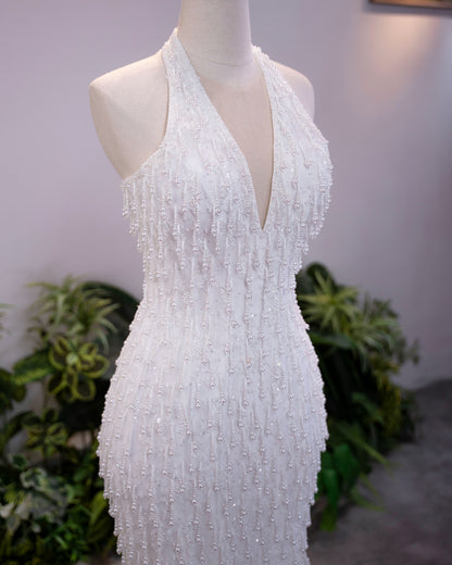 Beaded Halter Deep V Mermaid Evening Gown with Slit