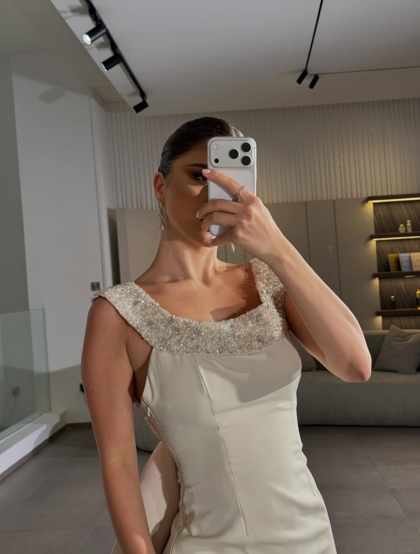 Elegant Beaded Scoop Neck Dress with Statement Back Bow