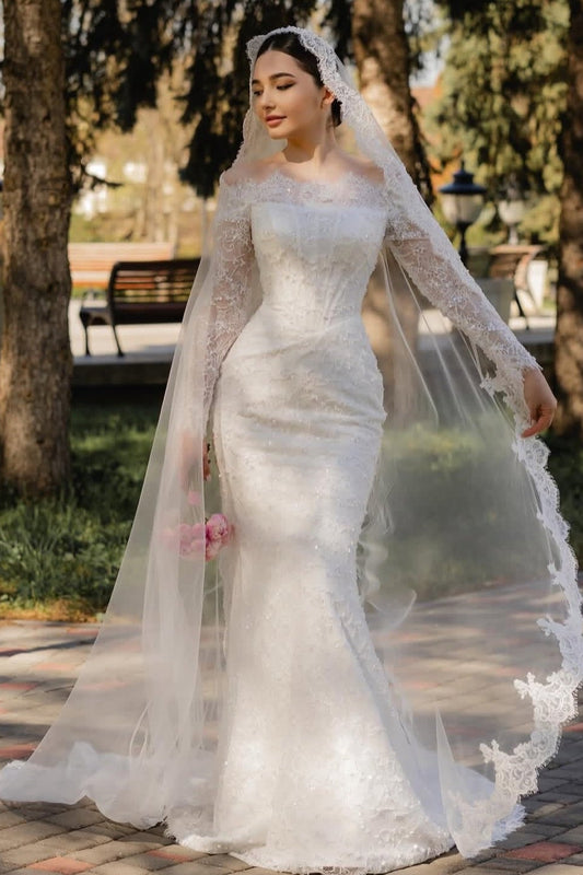 Off-Shoulder Lace Mermaid Wedding Dress with Long Sleeves