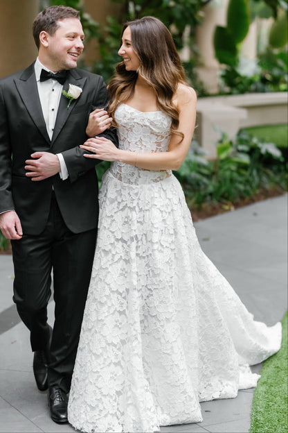 Strapless Floral Lace A-Line Wedding Dress