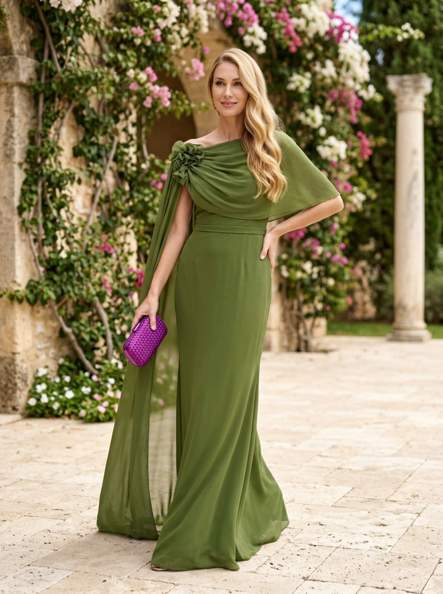 Asymmetrical One-Shoulder Cape Chiffon Evening Gown