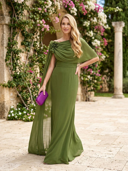 Asymmetrical One-Shoulder Cape Chiffon Evening Gown