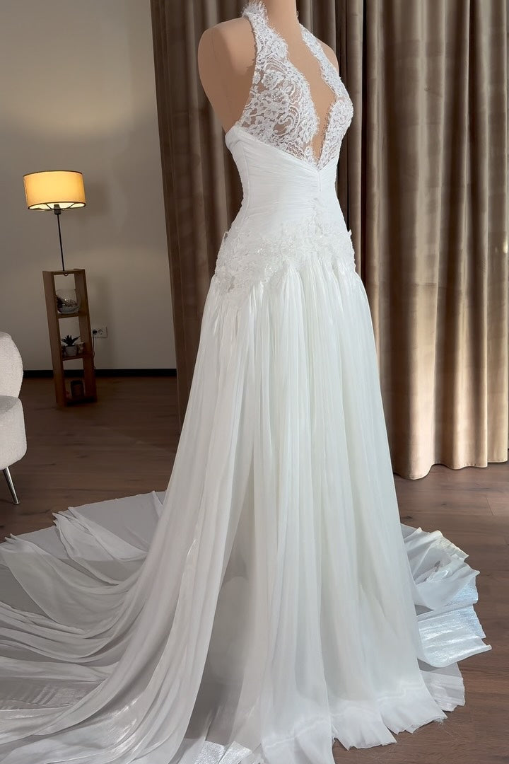 Halter Lace Bodice Pleated A-Line Wedding Dress