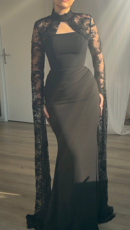 Ruched Column Gown with Sheer Lace Cape