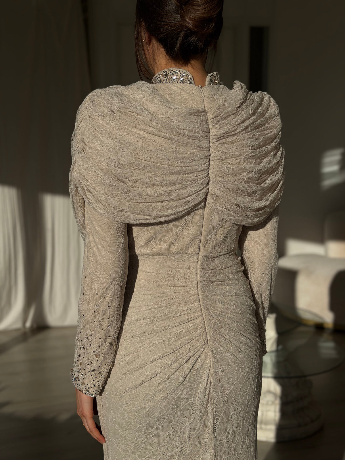 Ruched Lace Gown with Embellished High Neck