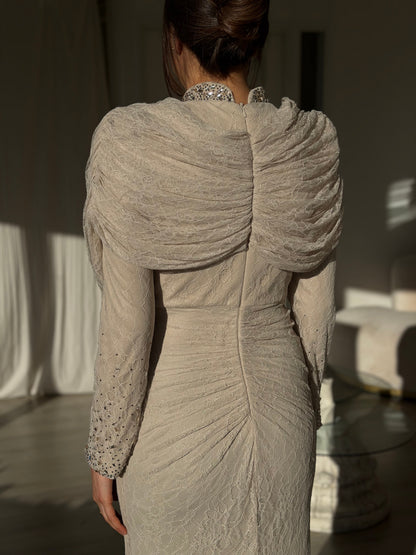 Ruched Lace Gown with Embellished High Neck