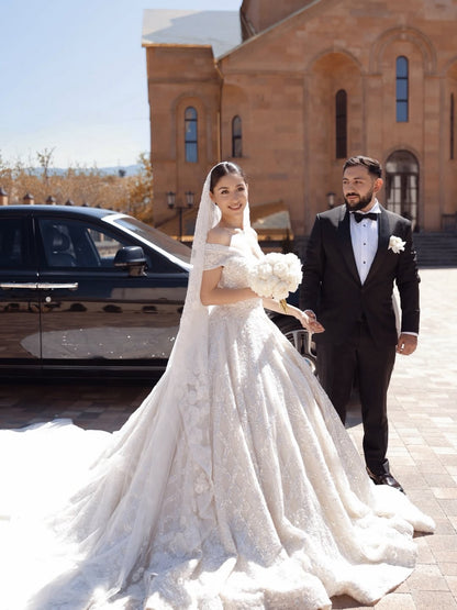 Off-the-Shoulder Sparkly Ball Gown Wedding Dress