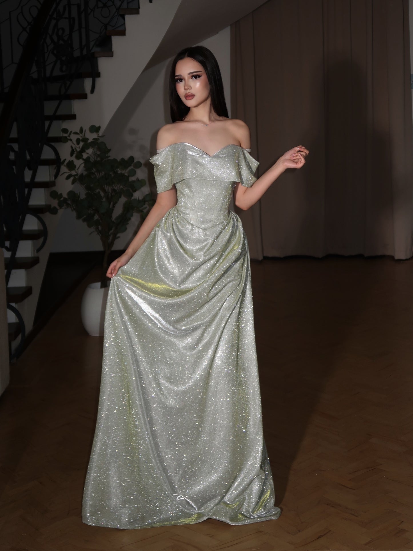 Off-The-Shoulder Corset Glitter Evening Gown