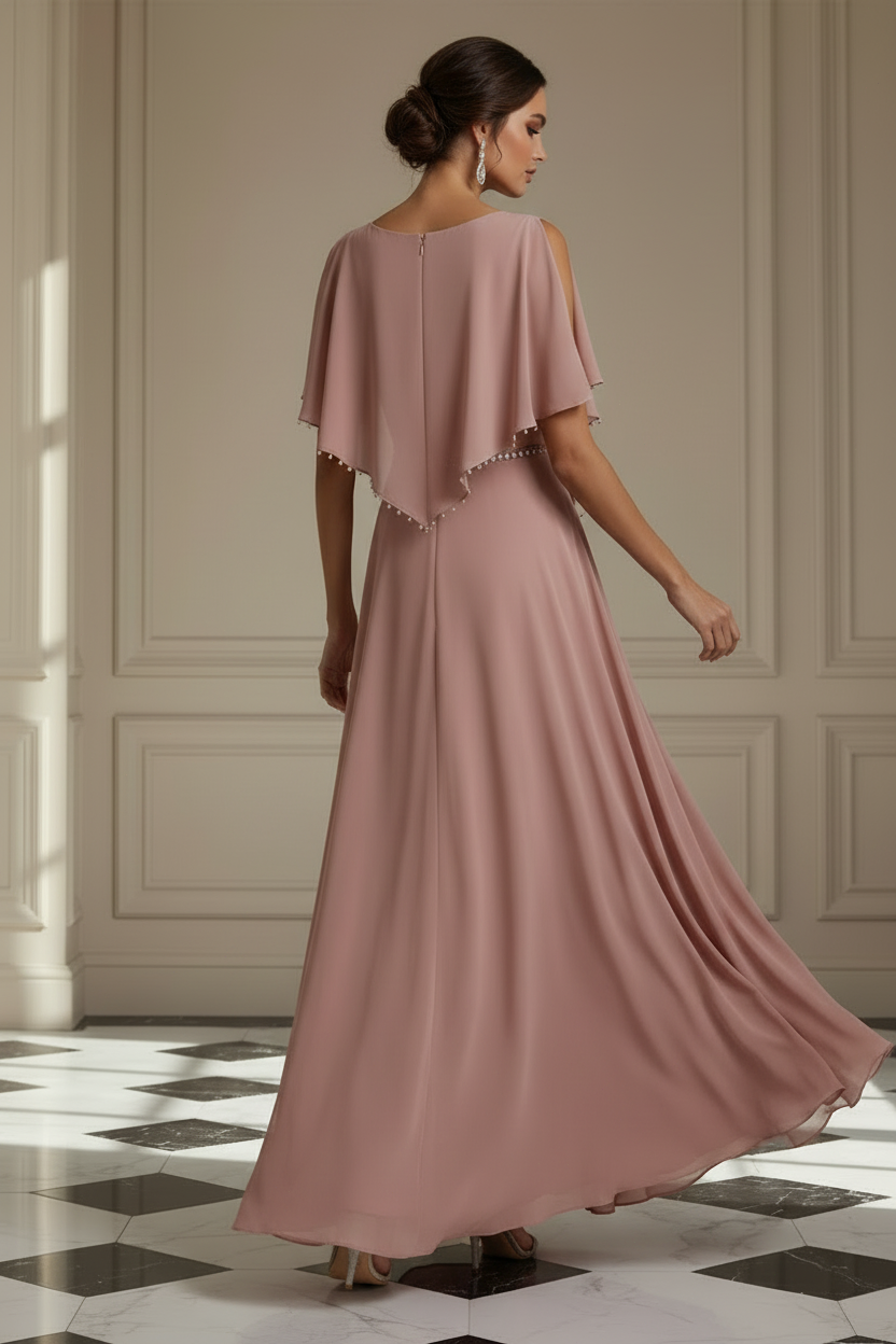Chiffon A-Line Cape Dress with Pearl Trim