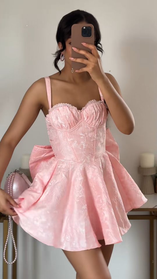 Jacquard Corset Mini Dress with Oversized Bow
