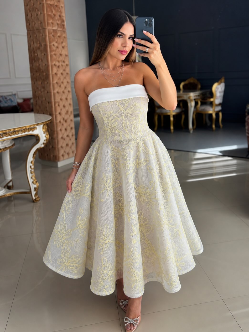 Strapless Floral Lace A-Line Midi Dress
