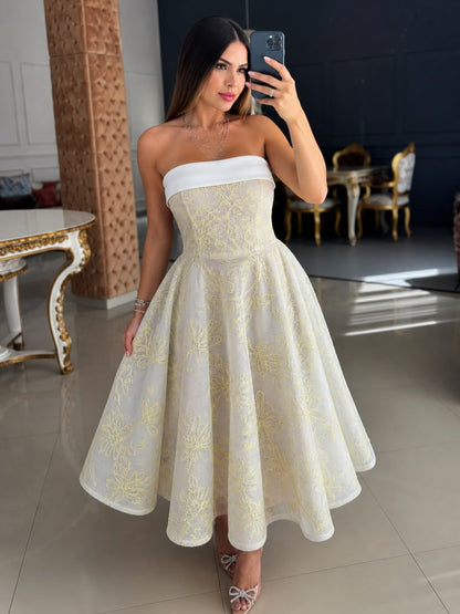Strapless Floral Lace A-Line Midi Dress