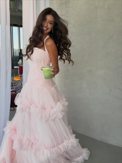 Tiered Tulle Ruffle Halter Evening Gown