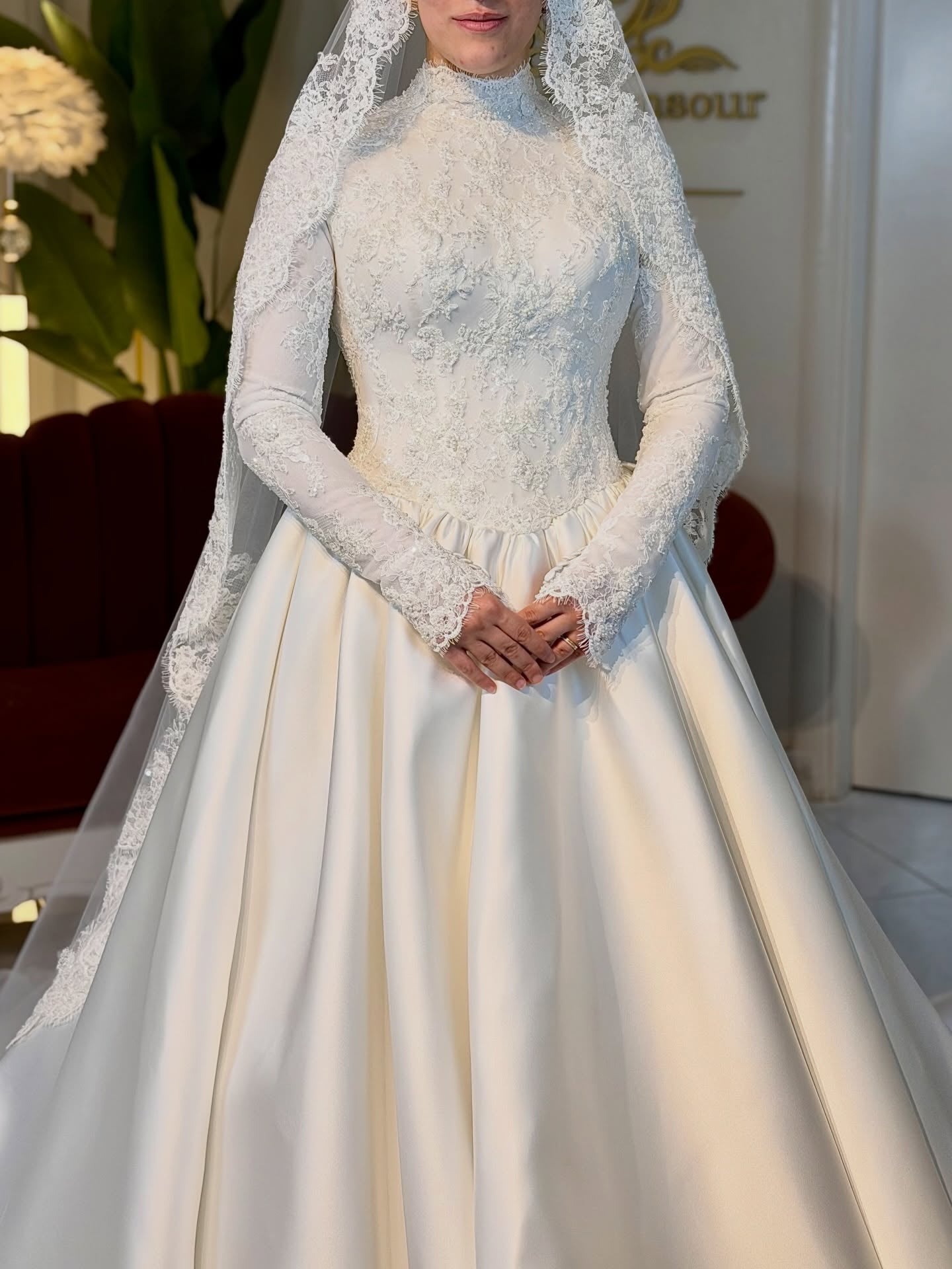 High-Neck Long Sleeve Ball Gown Wedding Dress