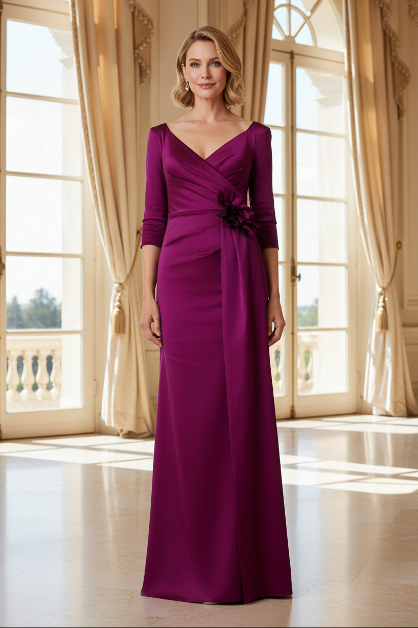 Off-the-Shoulder Wrap Satin Gown with Side Slit