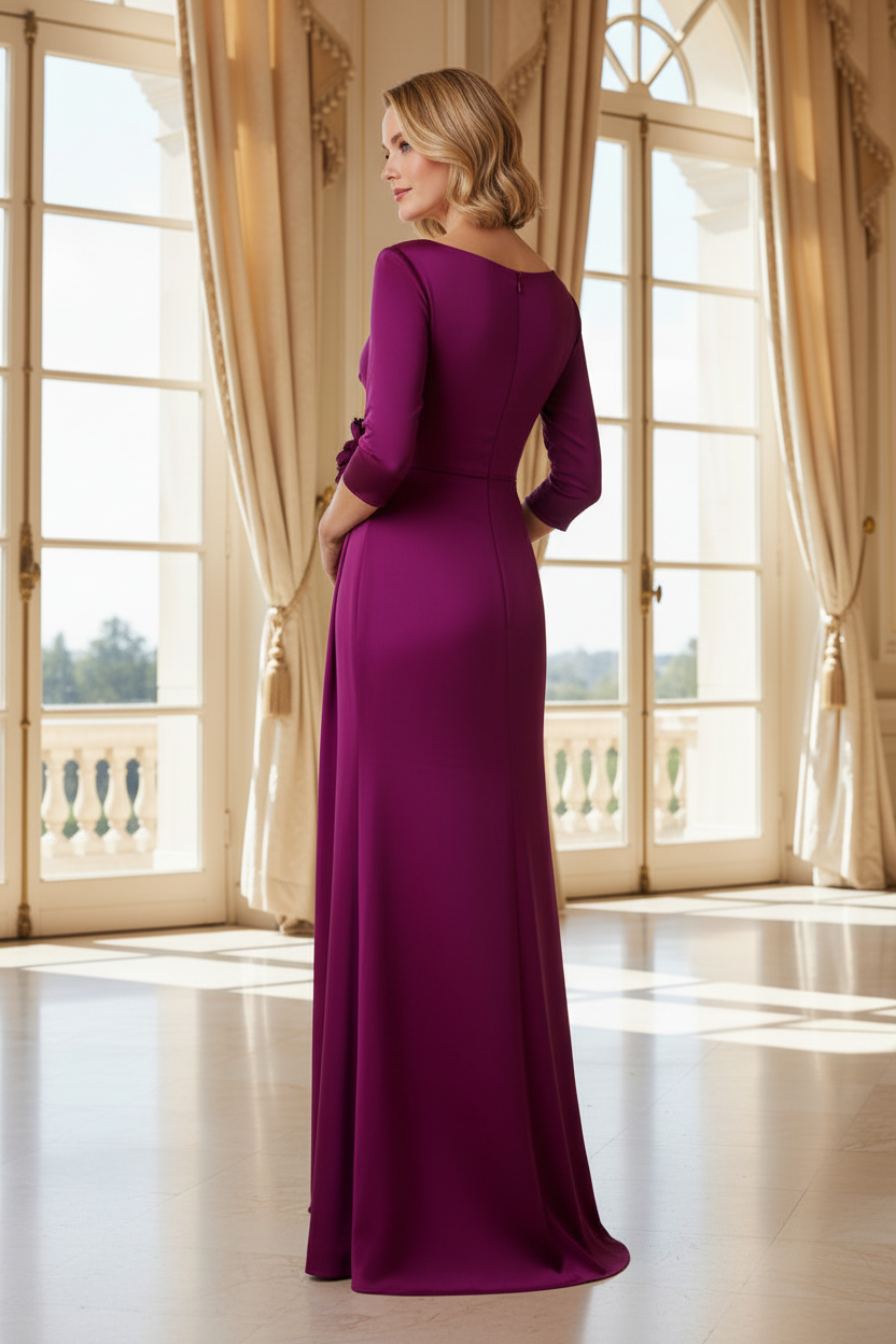Off-the-Shoulder Wrap Satin Gown with Side Slit