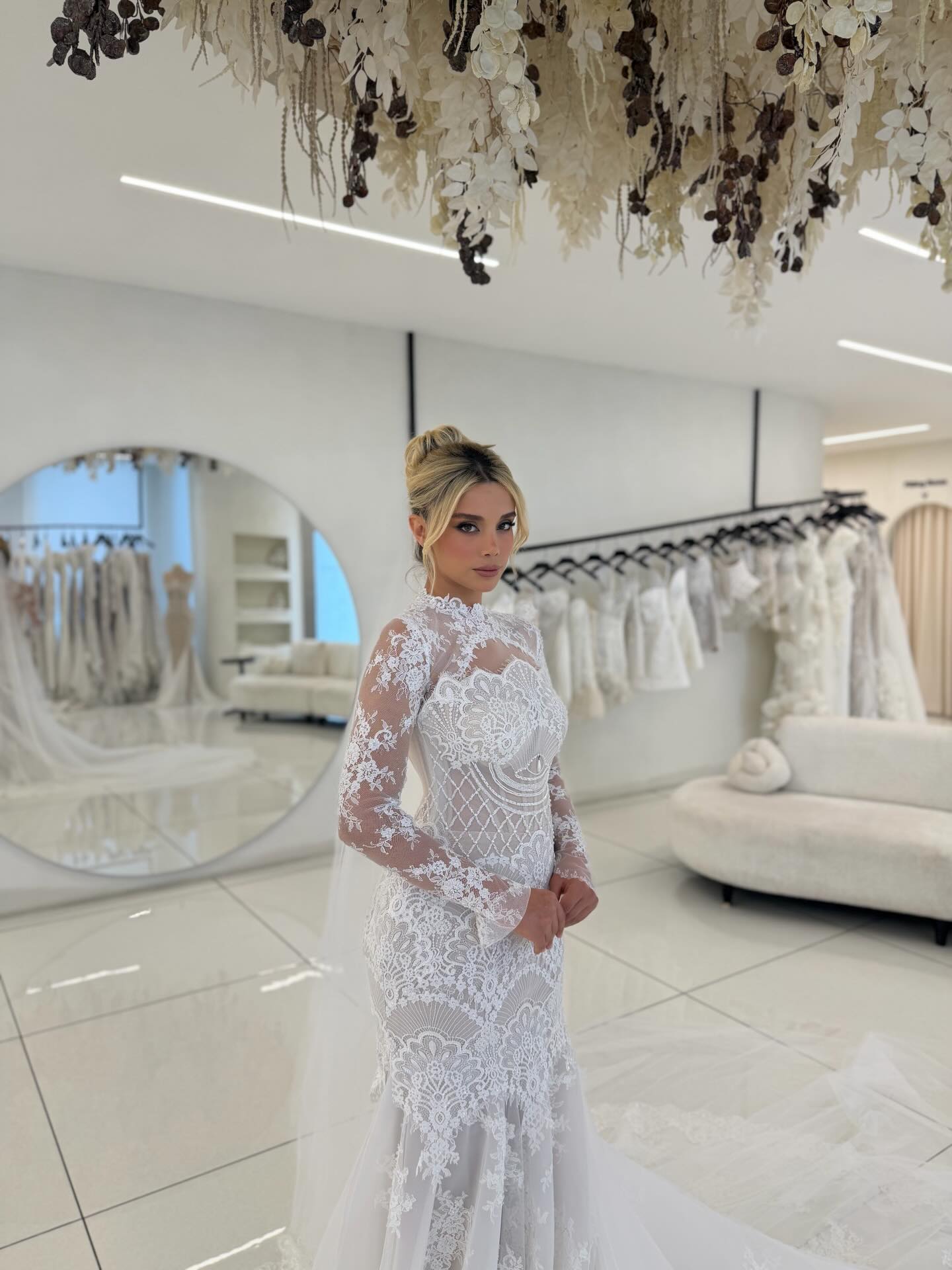 Long Sleeve Illusion High Neck Lace Mermaid Wedding Dress