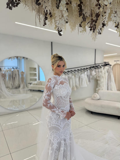 Long Sleeve Illusion High Neck Lace Mermaid Wedding Dress