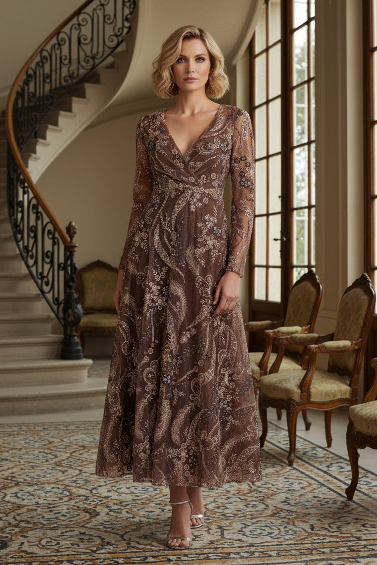 Beaded Sequin V-Neck A-Line Ankle-Length Dress