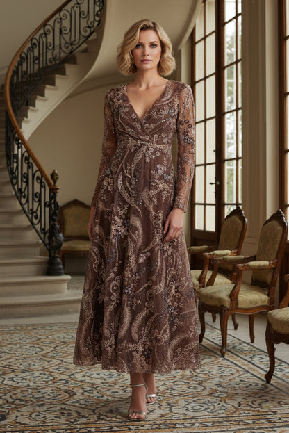Beaded Sequin V-Neck A-Line Ankle-Length Dress
