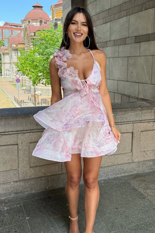 Floral Organza Tiered Mini Dress with 3D Flowers