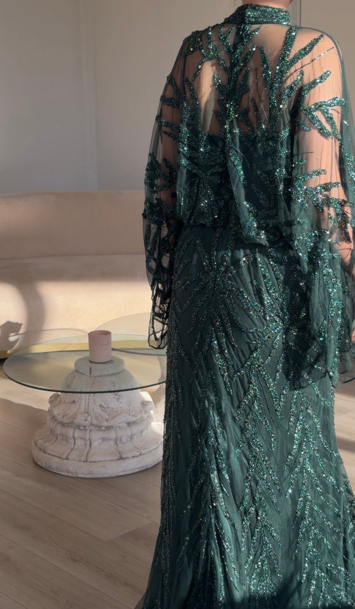 Sequined Cape Sleeve High Neck Maxi Evening Gown