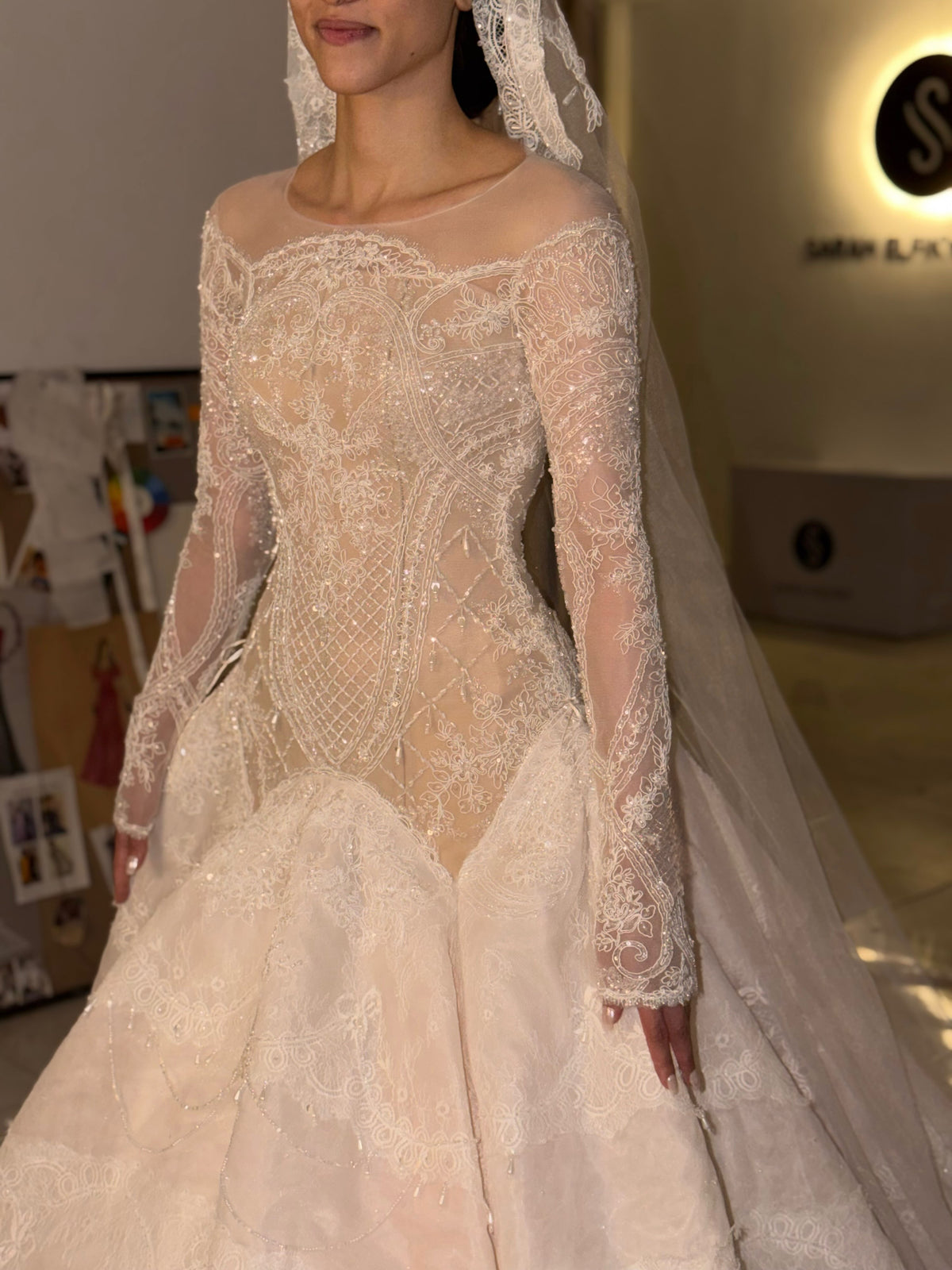 Lace & Beaded Ball Gown Wedding Dress with Sleeves