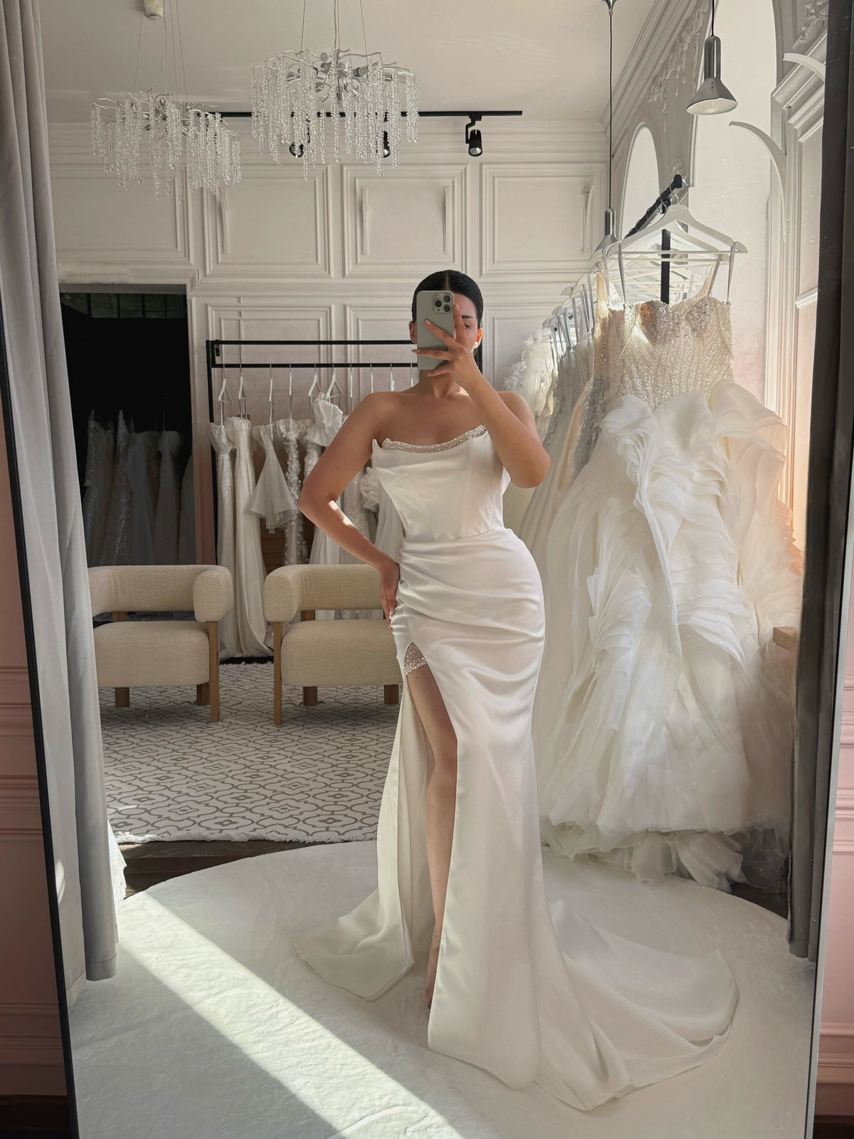 Strapless Ruched Satin Wedding Dress with Slit