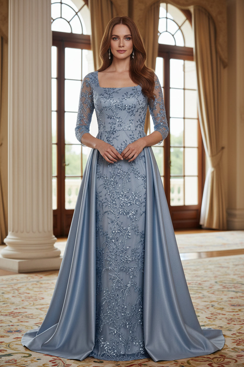 Square Neck Sequin Evening Gown with Satin Overskirt