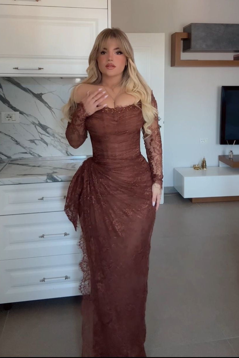 Off-Shoulder Long Sleeve Lace Evening Gown