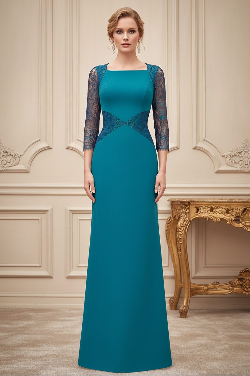 Square Neck 3/4 Lace Sleeve Evening Gown