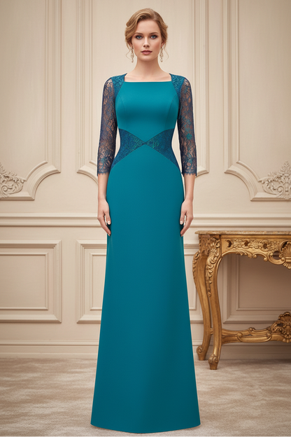 Square Neck 3/4 Lace Sleeve Evening Gown