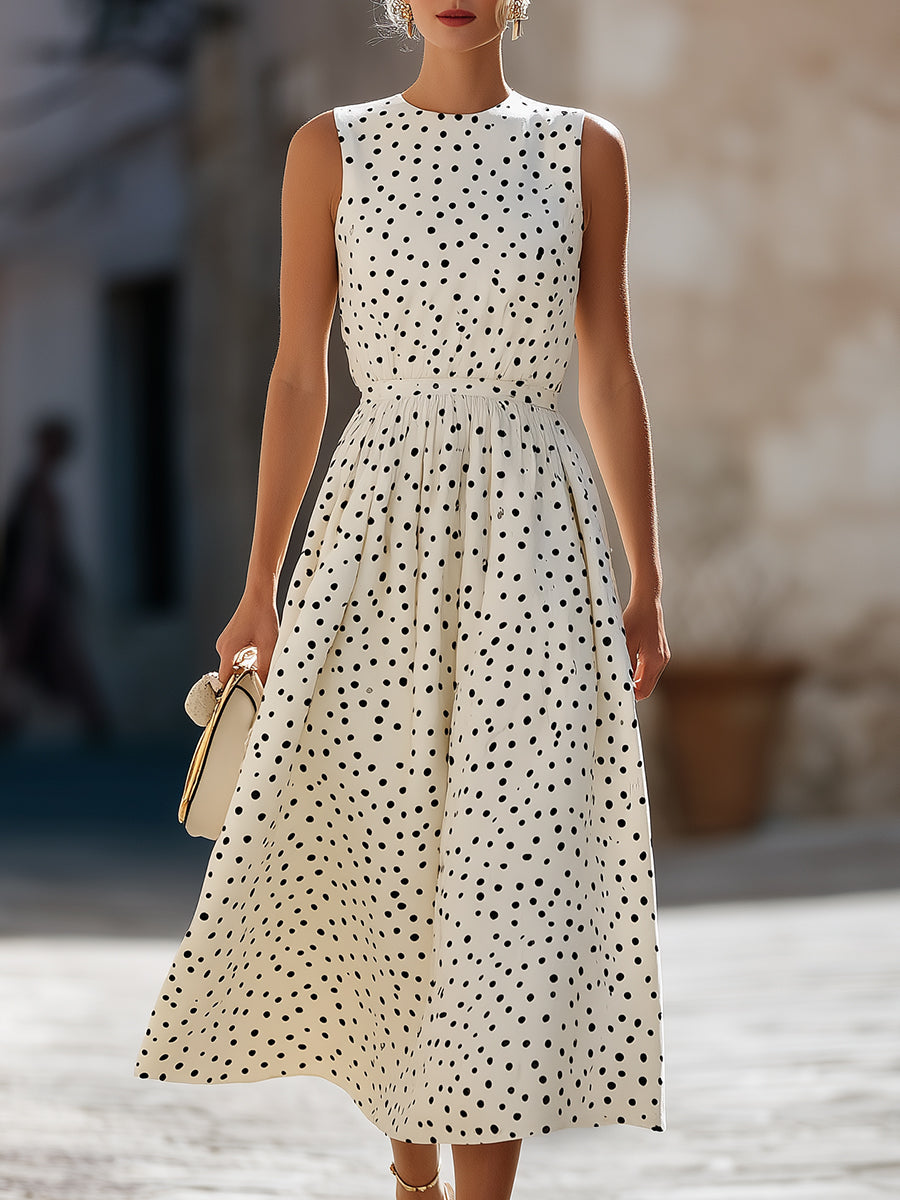 Sleeveless Polka Dot Midi A-Line Dress
