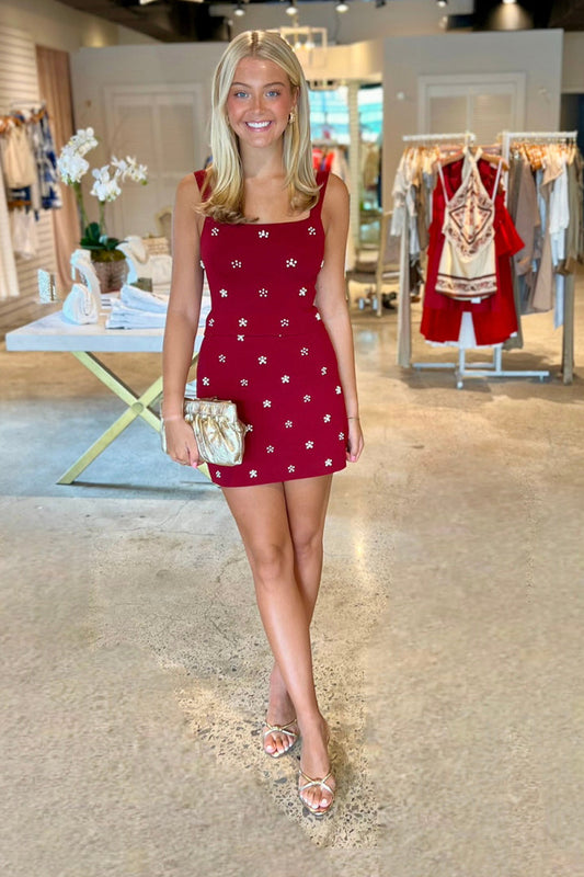 Embroidered Square-Neck Mini Dress