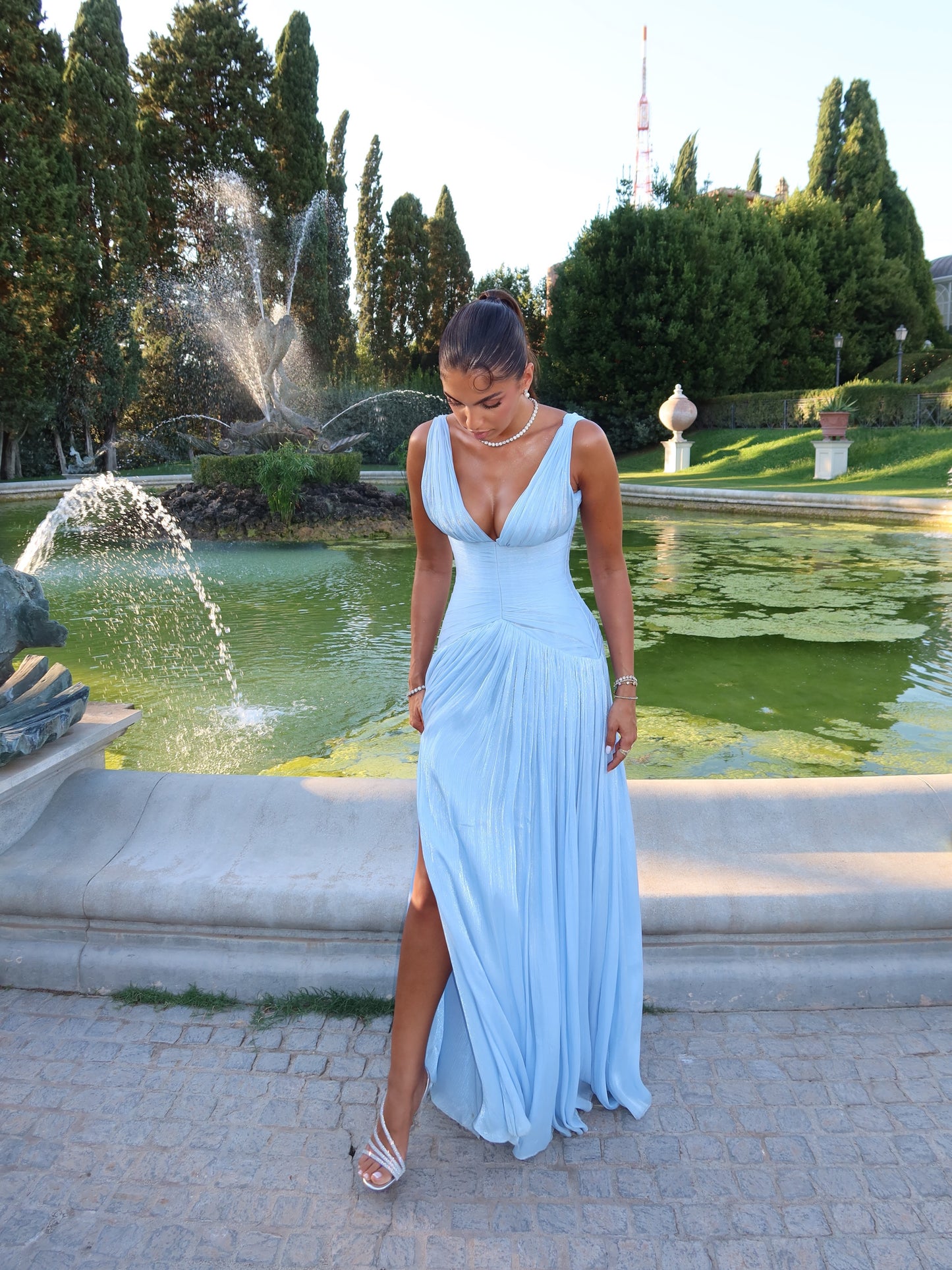 Pleated Deep V-Neck Gown with High Slit