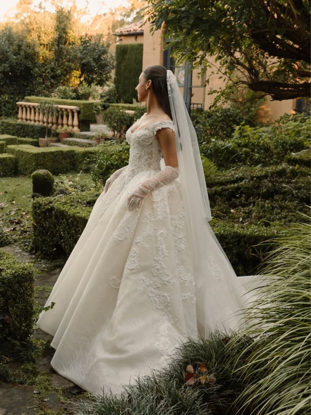 Off-the-Shoulder Lace Applique Ball Gown Wedding Dress