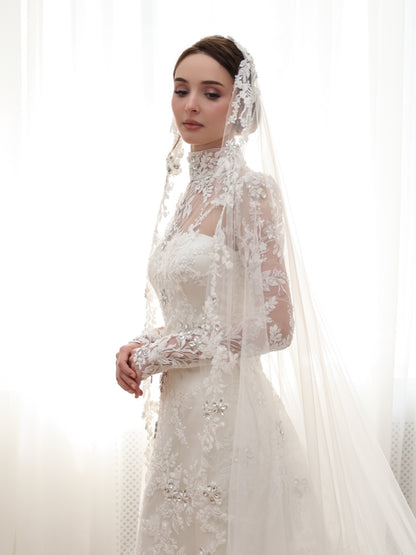 High Neck Lace Long Sleeve Wedding Dress with Train