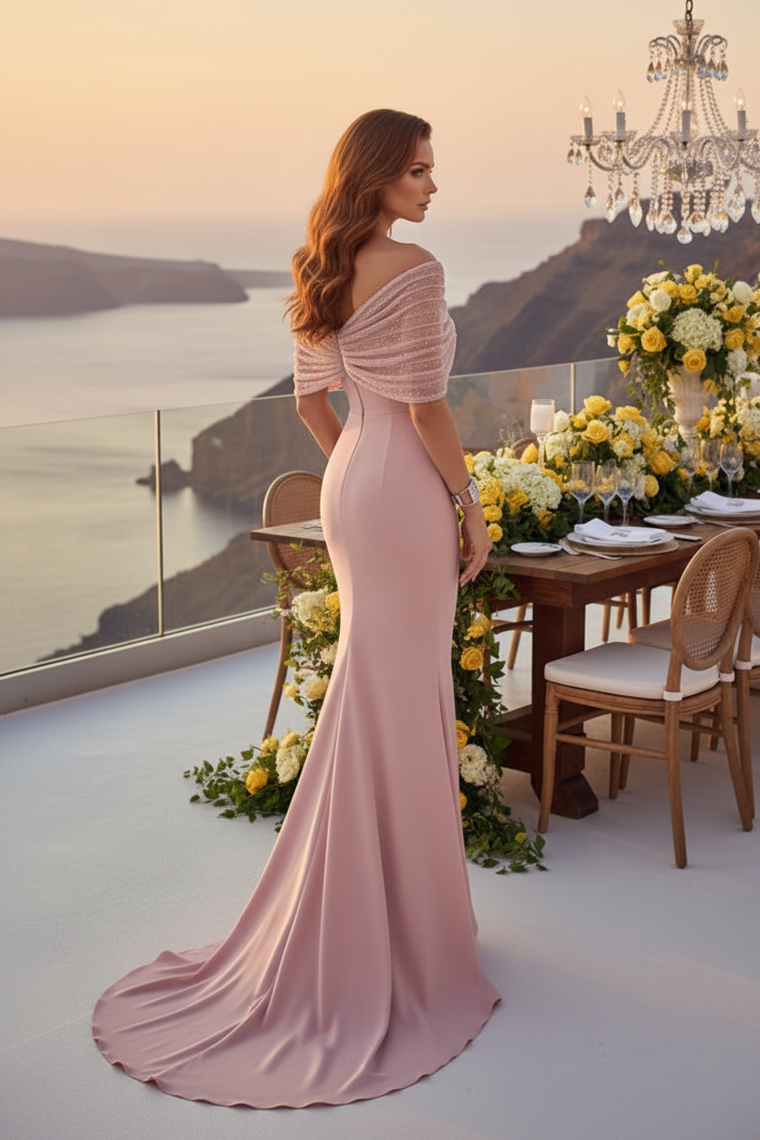 Beaded Cap Sleeve Mermaid Evening Gown with Train