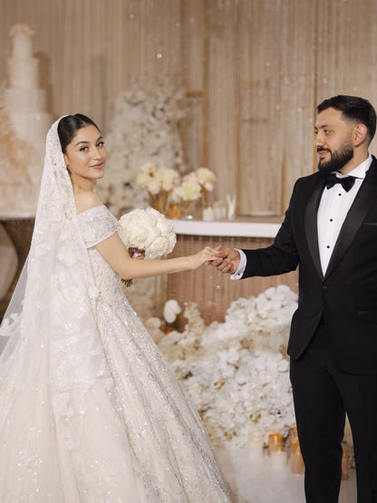 Off-the-Shoulder Sparkly Ball Gown Wedding Dress