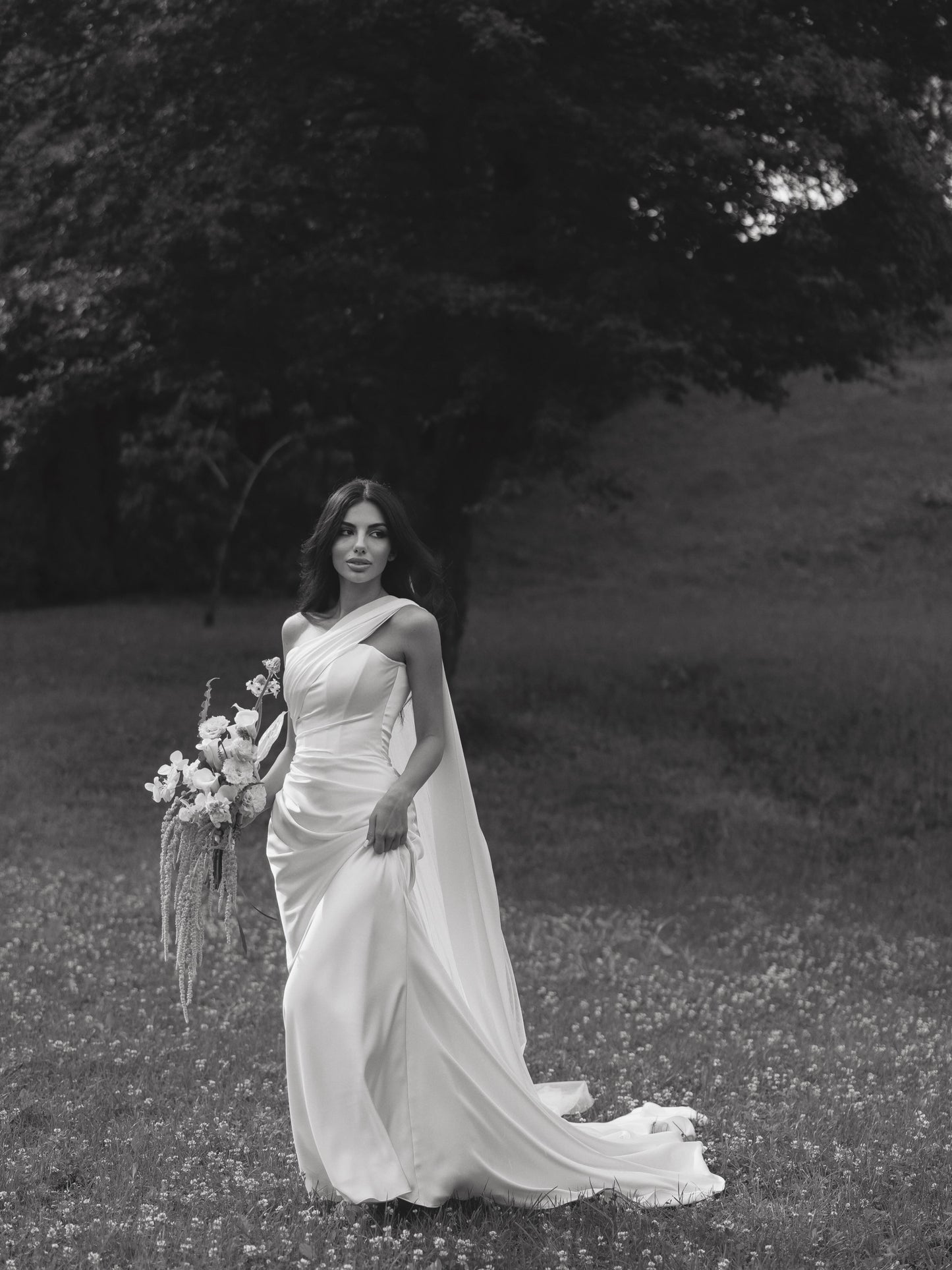 One-Shoulder Satin Wedding Dress with Hooded Shawl