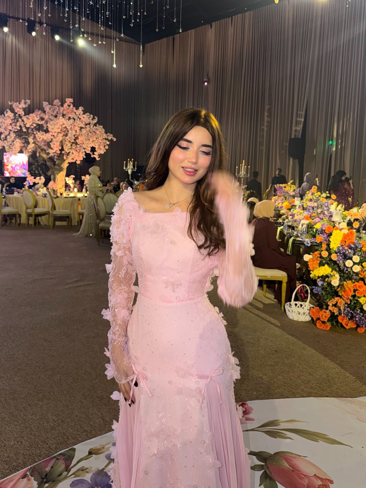 3D Floral Applique Long Sleeve Evening Gown