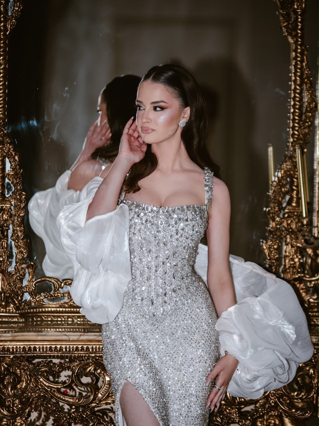 Beaded High-Slit Gown with Ruffled Statement Sleeves