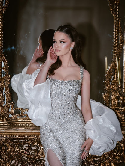 Beaded High-Slit Gown with Ruffled Statement Sleeves