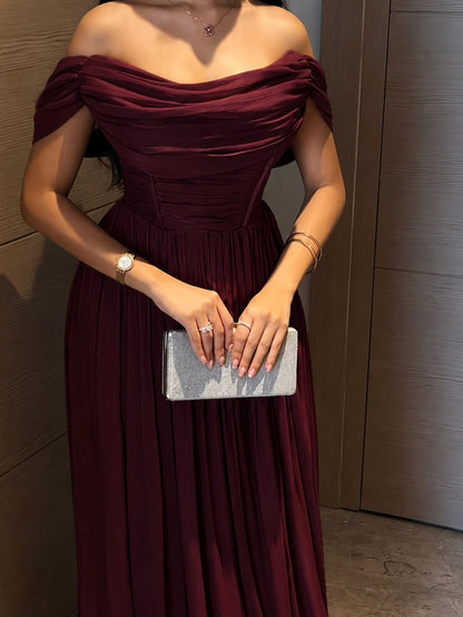 Off-the-Shoulder Ruched Corset Floor-Length Gown