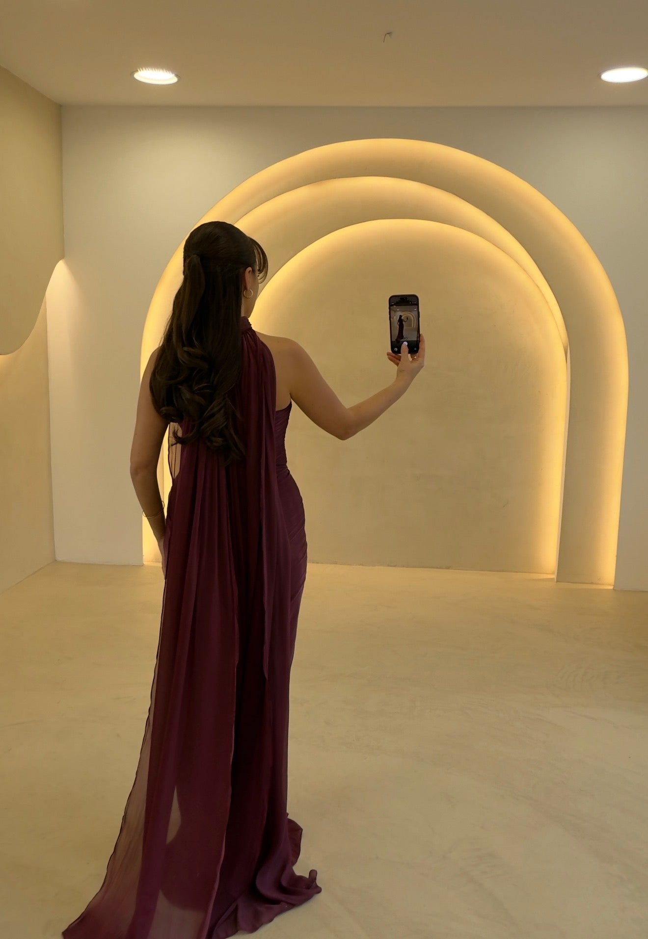Strapless Ruched Evening Gown with Dramatic Cape