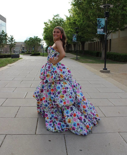 Strapless Floral Print High-Low Ball Gown